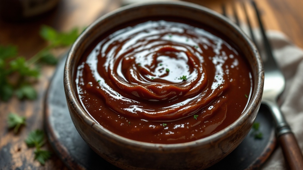 A bowl of rich brown Espagnole sauce drizzled over a steak, garnished with herbs on a rustic table.